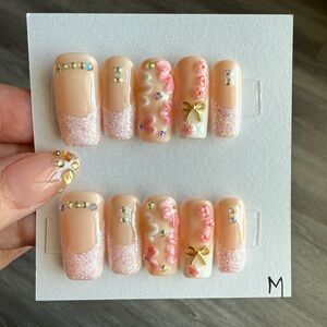 Peach Pink Floral 3D Bow Press-On Nails